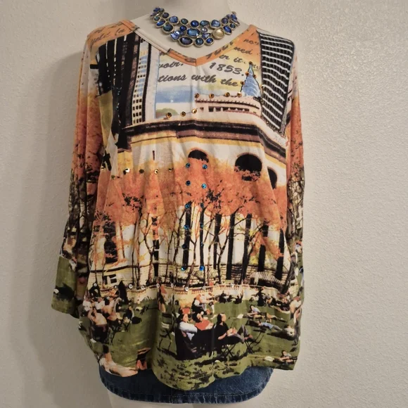 French Postcatds Scenic Novelty Print Long Sleeve Top Soft Womens Size L - Picture 5 of 12